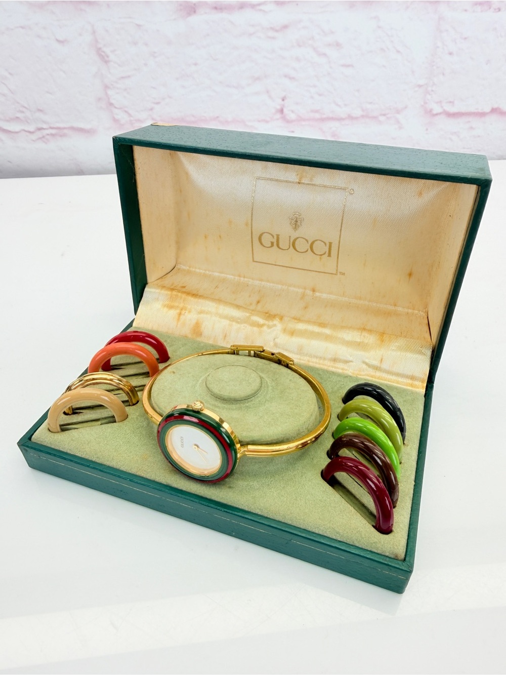 Gucci Interchangeable Bangle Watch with Colored Bezels - Gold & Green